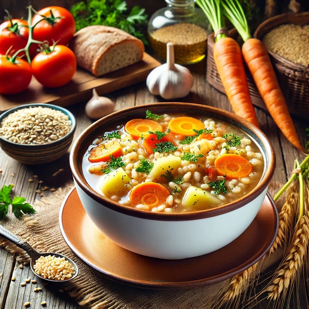 Recette soupe polonaise Krupnik avec orge perlé et légumes frais – plat traditionnel de la cuisine polonaise.